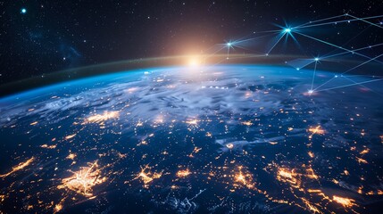 Obraz premium planet with a network of lines connecting it to other planets. Connections system and global datas exchanges over the globe 3D rendering elements of this image