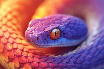 Fototapeta premium Vibrant snake with colorful scales and piercing eyes in a mesmerizing abstract background.