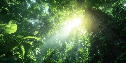Sunlight filters through lush green trees in a vibrant jungle, creating a serene and magical atmosphere.