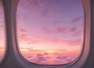 Naklejka premium Soft pink hues of sunrise peeking through airplane window glass, natural light, environment, sunrise