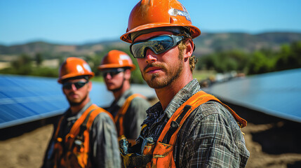 Workers in safety gear inspecting solar panels, promoting renewable energy solutions.