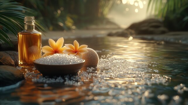 Tranquil spa setting by a serene stream, with essential oil, bath salts, and frangipani flowers in a lush jungle environment.