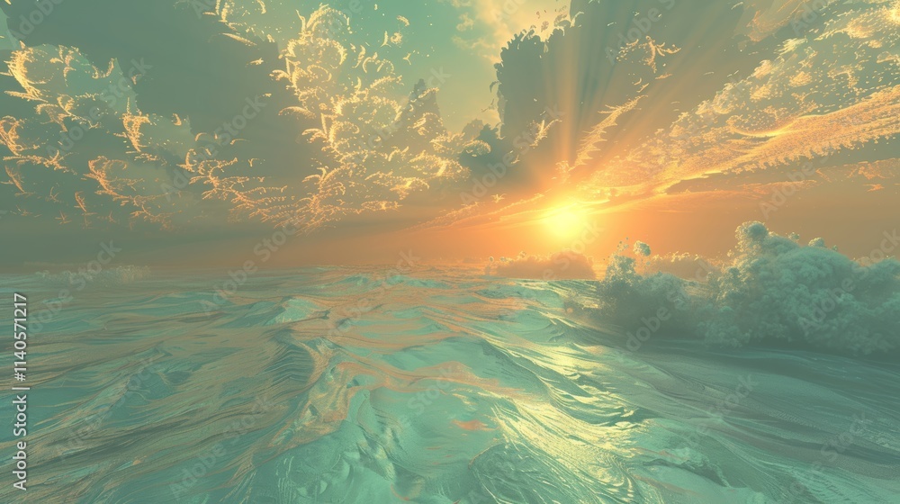 Poster blue sky with clouds and a large wave in the ocean, fractal horizons, abstract render of an alien se