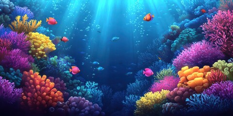 Obraz premium A vibrant underwater scene showcasing colorful coral reefs and diverse fish species in a serene ocean environment.
