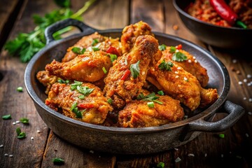 Fototapeta premium Minimalist Spicy Fried Chicken Wings Cast Iron Skillet Photography - Food Photo