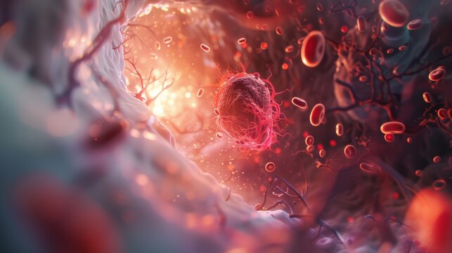 microbiology, Fat hyperlipidemia or arteriosclerosis hemoglobin red blood vessel cell micro microscope inside interior human body. Embolism and cholesterol and intestinal tumors