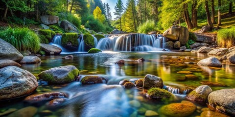 Fototapeta premium Minimalist Stream, Serenity Lake, Solitude Rocks, Nature Photography, Peaceful Waterfall, Calm Water, Quiet Scene, Stone Creek, Flowing Water, Rock Formation