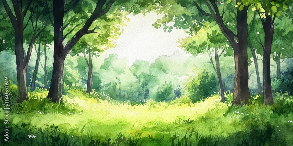 Aufkleber lush green forest with sunlight filtering through the trees, creating a serene and tranquil atmosphe
