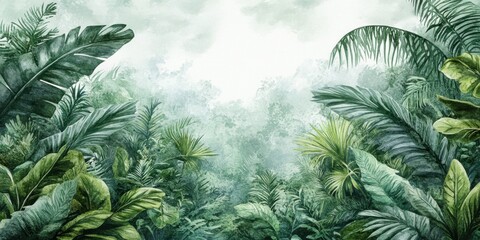 Lush green foliage in a dense tropical rainforest, creating a serene and tranquil atmosphere.