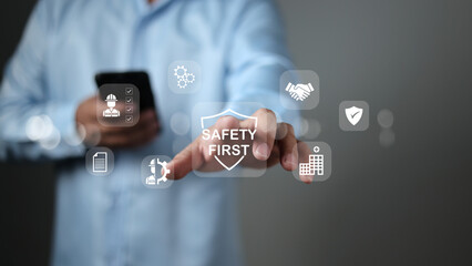 Safety first and work safety concept. Work safety concept, Concept safety first as a priority in...