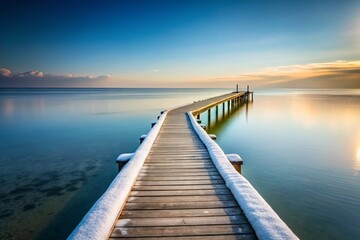 Fototapeta premium Minimalist Winter Pier Photography: Cold Seascape, Snow, Wooden Dock, Icy Water, Seashore