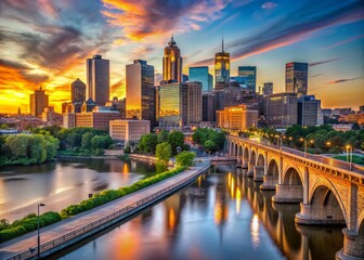 Minneapolis Stone Arch Bridge Panoramic Skyline, Downtown Cityscape, Riverfront View, Minnesota