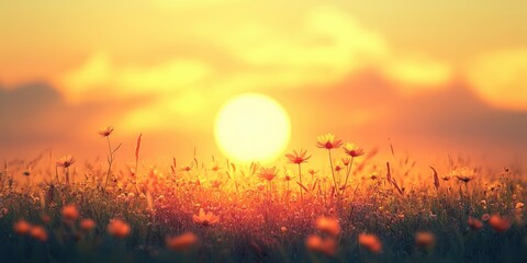 A vibrant sunset illuminates a field of blooming flowers, creating a serene and warm atmosphere.