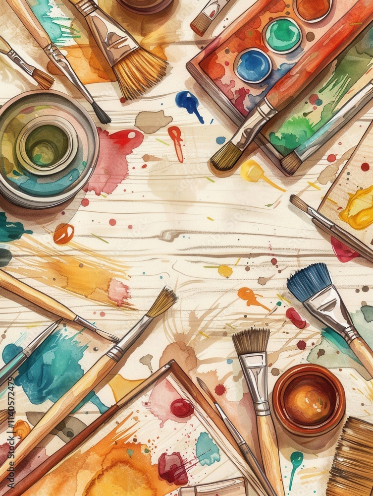 Aufkleber creative workspace with brushes paints and sketchbooks surrounded by vibrant artistic colors and mat