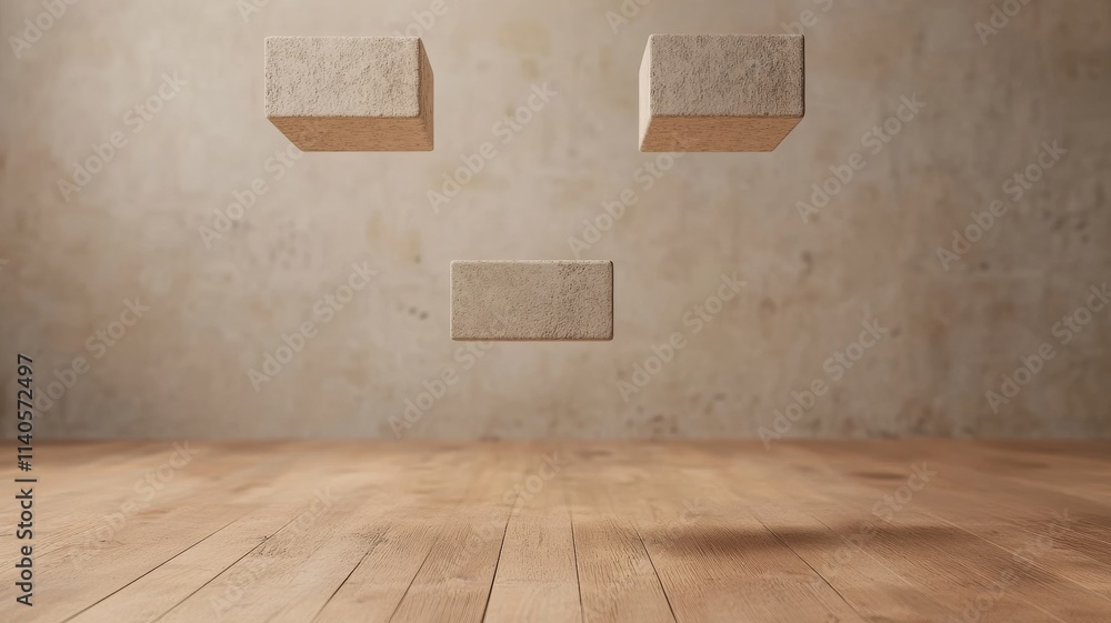 Poster professional change training concept. three textured blocks float against a minimalist concrete wall