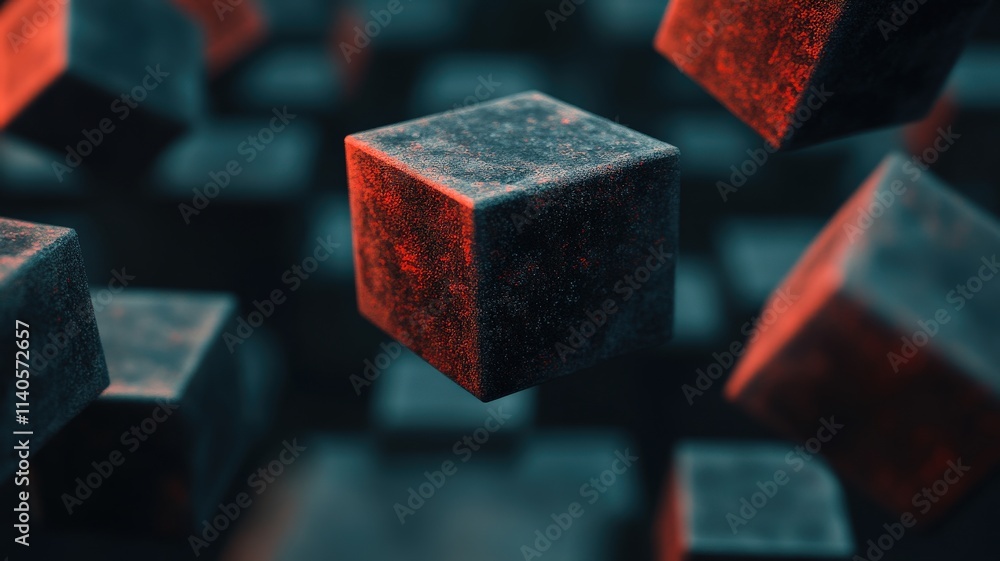 Poster professional change training concept. floating cubes in a dark, abstract environment illuminated by 