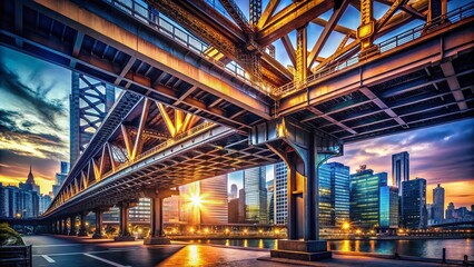 Fototapeta premium Modern Bridge Architecture: Urban Exploration Photography, Industrial Bridge Structure, Steel Beams, Concrete, Cityscape Views