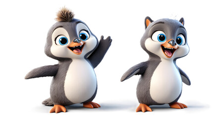 Two adorable cartoon penguins, one with a mohawk, waving hello.