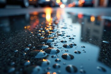 Water beads up on the surface of the pavement, puddle, ripples, rainwater