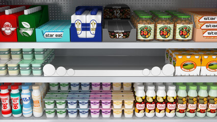 Front view of supermarket shelves with dairy and other food products and circle shaped shelf talker, design template for mockup. 3d illustration