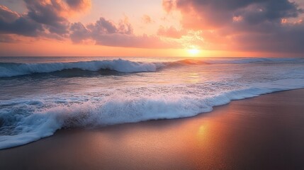 Fototapeta premium Serene sunset over ocean waves, reflecting warm colors on sandy shore.