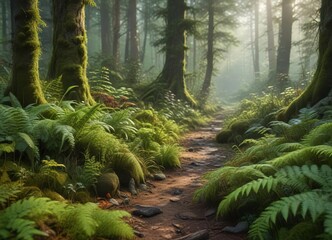 Forest floor covered with moss and ferns in the Belovezhskaya Pushcha , spring, vegetation, wild nature
