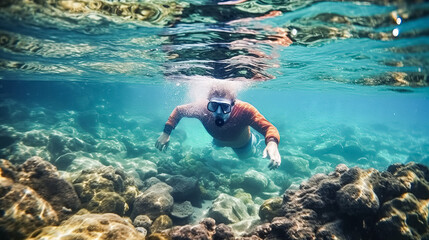 Man is swimming in the ocean with a lot of fish around him. The fish are scattered all over the water, and the man is surrounded by them. The scene is peaceful and serene