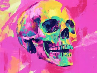 a brightly colored painting of a skull