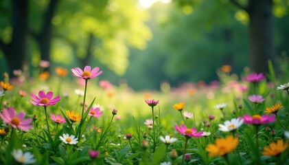 Wildflowers sway in gentle breeze amidst forest foliage, meadow, nature