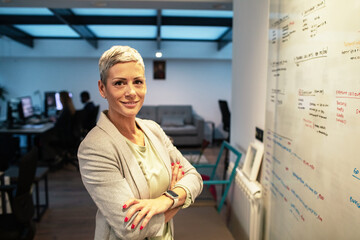 Professional woman brainstorming ideas in front of a whiteboard in modern office space