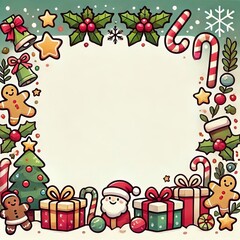 Christmas greeting card with Santa Claus, snowman, tree, and festive decorations