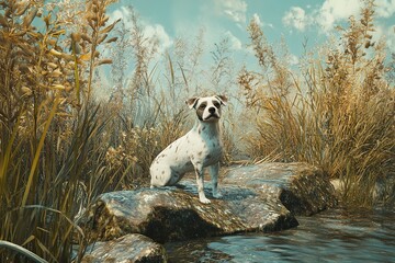 White dog is sitting on a rock by a body of water