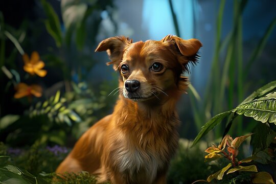 Small brown dog is sitting in a lush green field