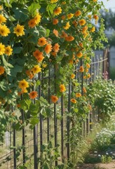 Fototapeta premium Wire fence covered in bitter melon vines and flowers with bees flying around, flora, outdoor, nature