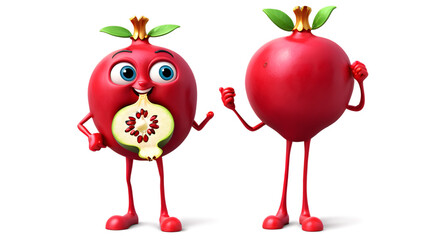 Two cute cartoon pomegranates, one eating a slice, the other standing proudly.