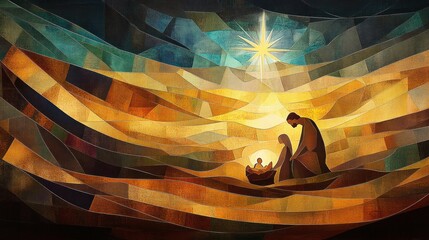 Nativity scene with holy family, bright star, and mosaic art style. © matoya