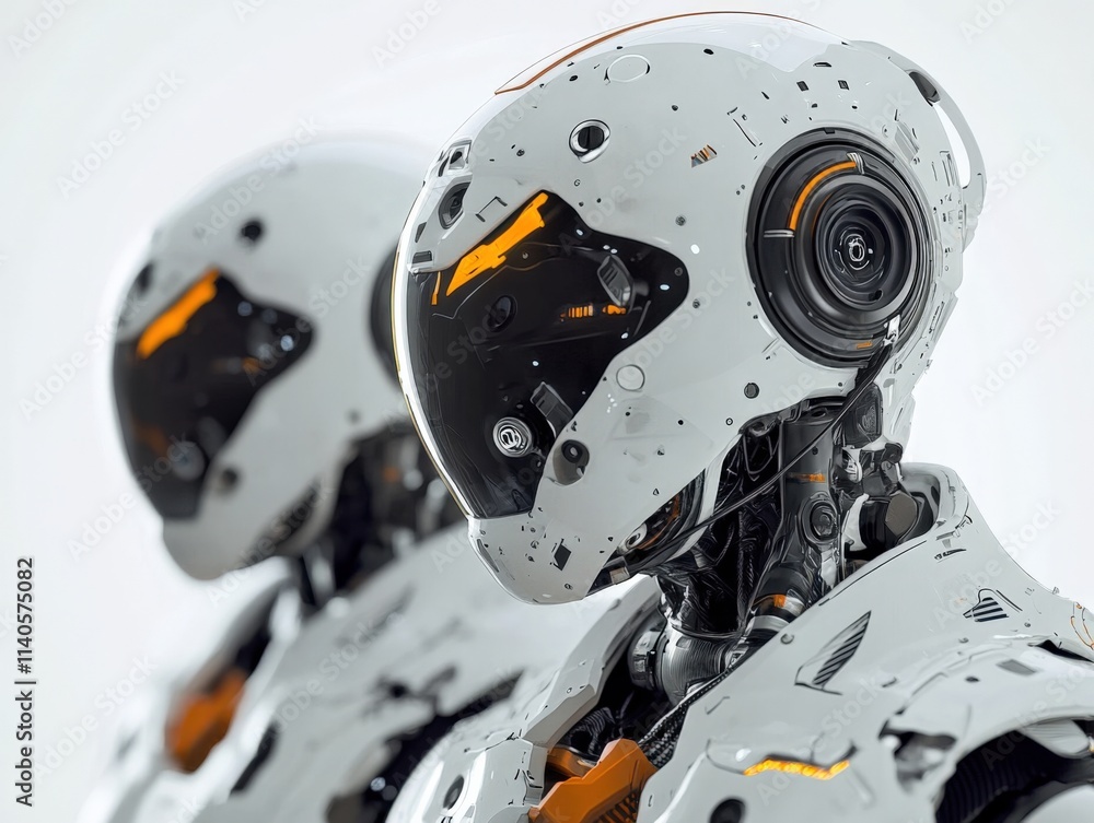 Poster two futuristic robots stand side by side