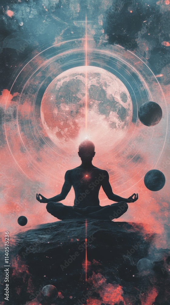 Poster man meditating floating in space with planets and moon