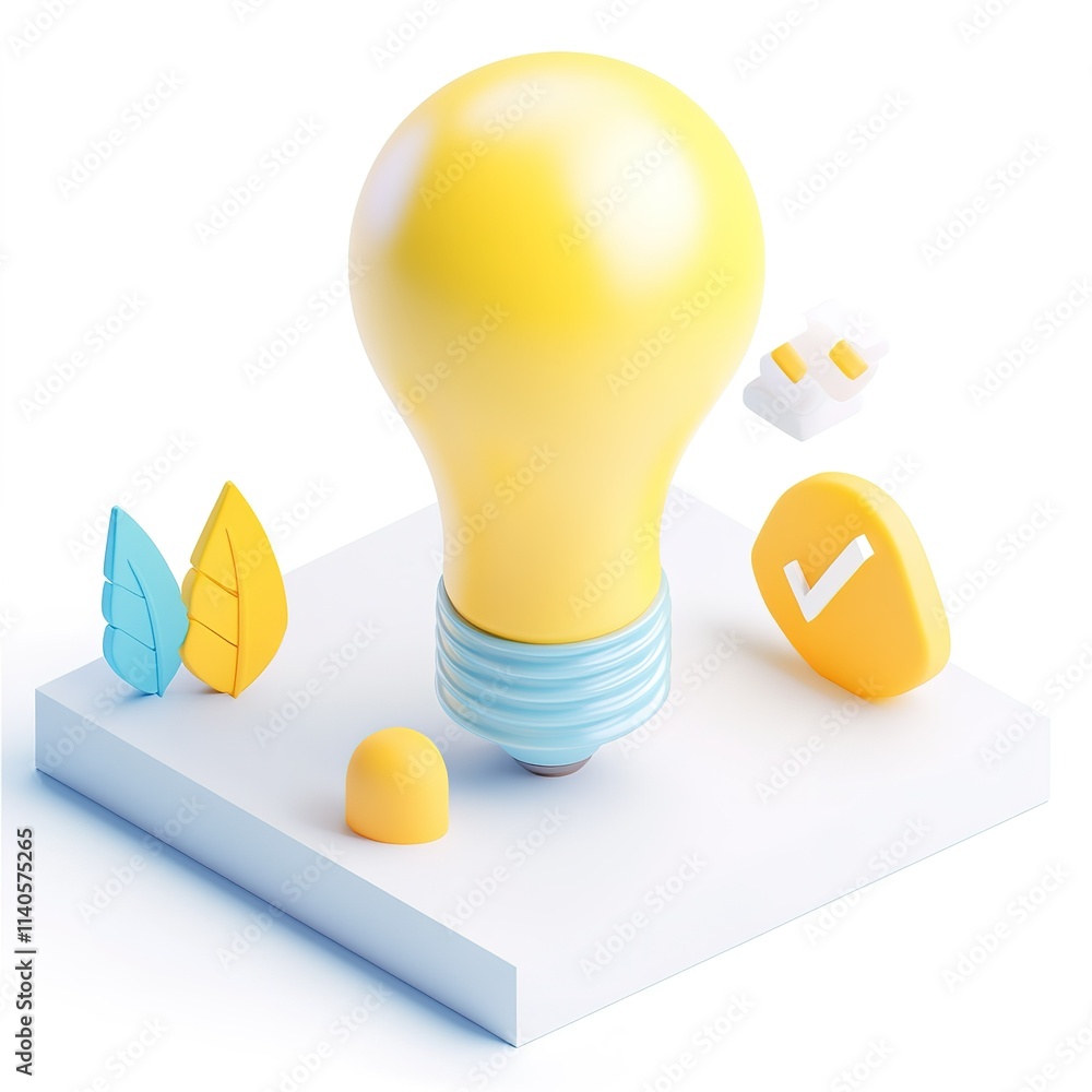 Poster yellow light bulb is surrounded by a few other objects, including a check mark