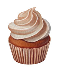 watercolor illustration of a cupcake with buttercream isolated on a white background