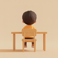Boy is sitting at a wooden desk with a chair