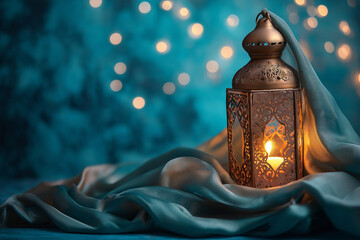 Ornate Lantern with Candlelight on Silk Fabric