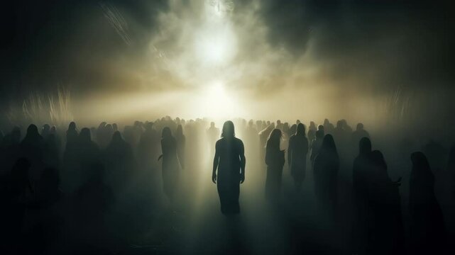 Hundreds of people walking in mist towards a heavenly light.