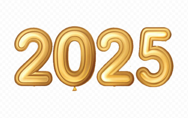 Abstract 3d 2025 number for happy new year, in the shape of gold, red and yellow balloons, isolated on white background.