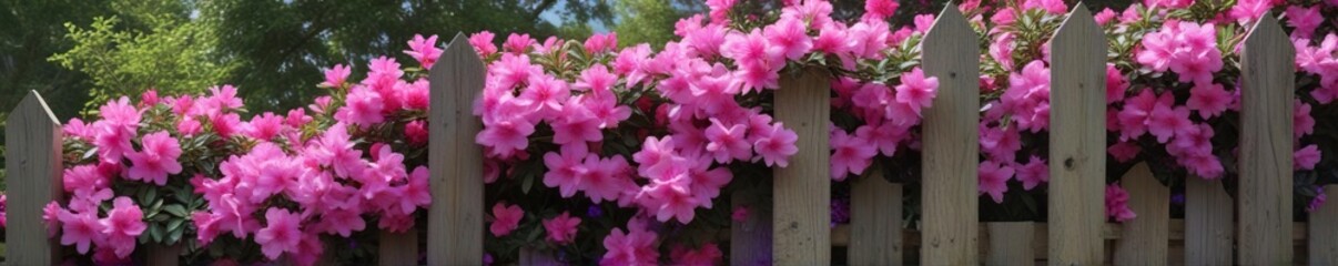 Azaleas blooming with pink and purple flowers on a wooden fence , nature, flowers, garden