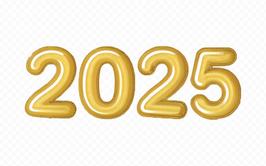 Abstract 3d 2025 number for happy new year, in the shape of gold, red and yellow balloons, isolated on white background.