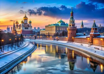 Obraz premium Moscow Winter Wonderland: Snowy Streets, Frozen River, Iconic Architecture, Cold Weather, Russian Capital, Winter Scenery, Christmas in Moscow, Red Square Snow, Kremlin Winter, Beautiful Snowy City