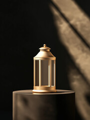 Gold Lantern on Dark Pedestal.  Concept of Elegance, Light, and Home Decor.
