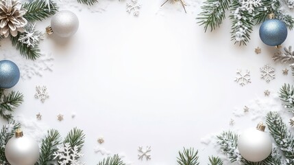 Elegant Winter Border Design Featuring Christmas Ornaments, Snowflakes, and Pine Branches Perfect for Holiday Greetings and Seasonal Decor