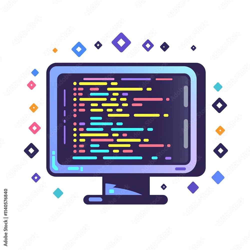 Poster computer monitor with a colorful background and a blue screen with code on it